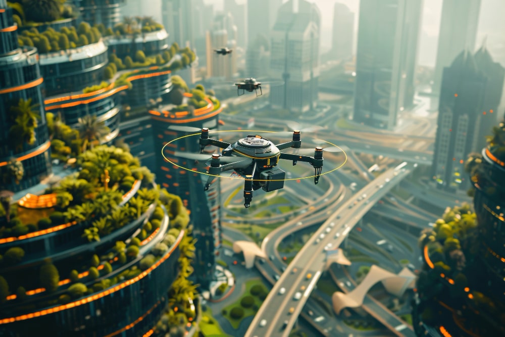 Drone flying over a green landscape with a road