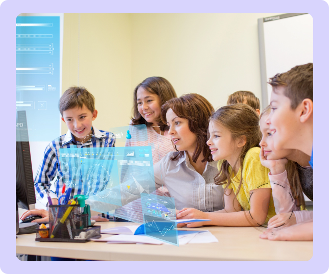 School children working with futuristic interface